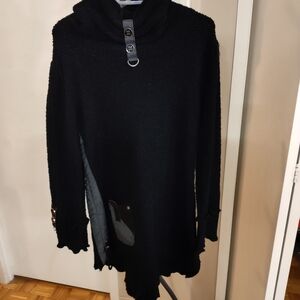 Cozy Black Cowl-Neck Tunic Sweater with Button Tab